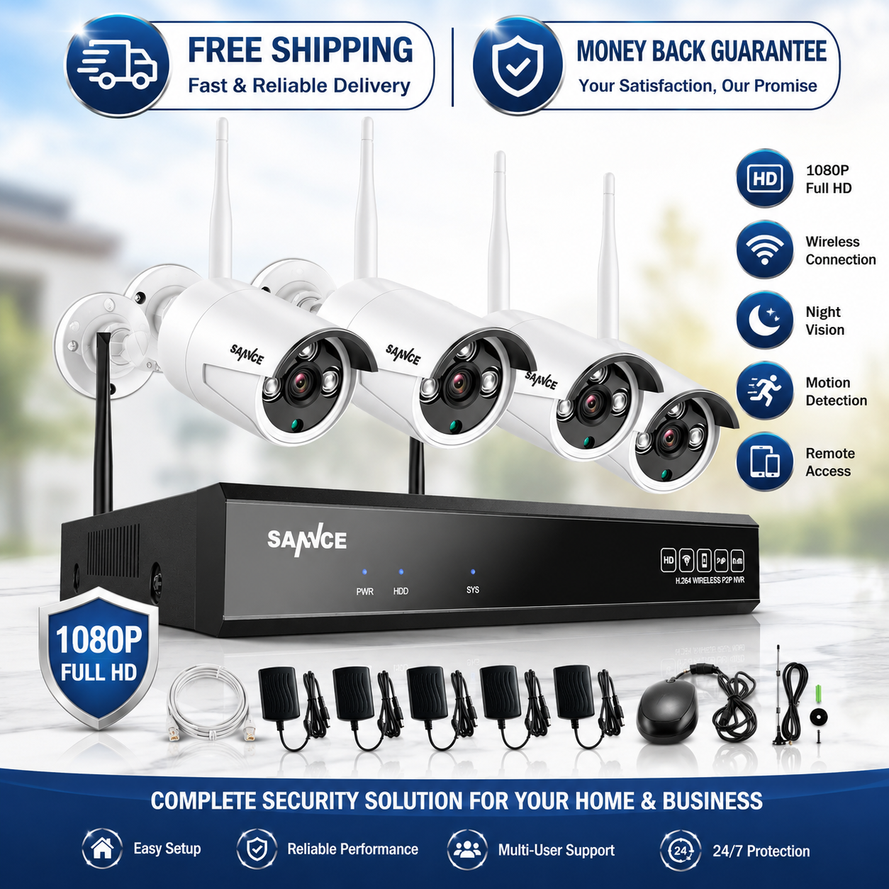 SANNCE Wireless 3MP Security IP Camera System 5MP 8CH NVR WIFI AI Two Way Audio - 24hrsmart
