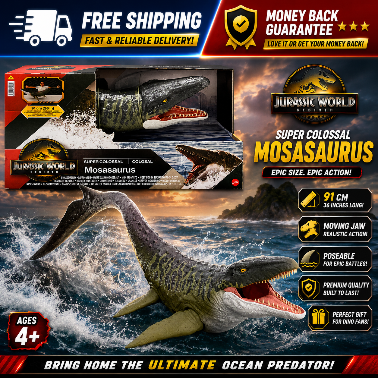 Jurassic World Rebirth Super Colossal Mosasaurus Action Figure N-A1R4S2R4S3R4S4 - 24hrsmart