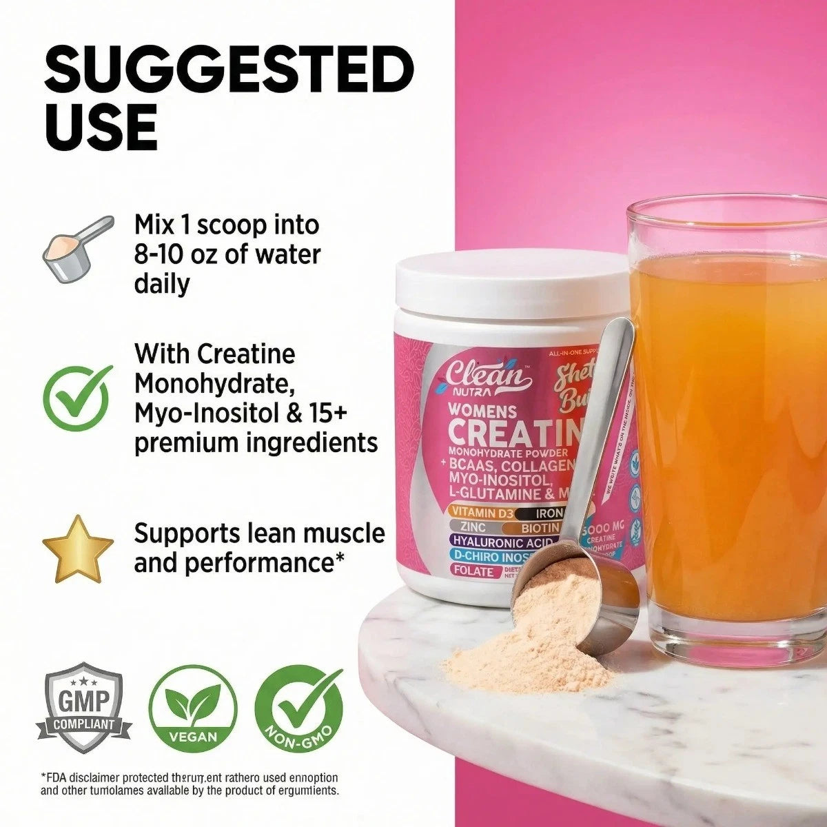 Clean Nutra Women Creatine Powder Collagen Inositol Muscle Hormone Support - 24hrsmart