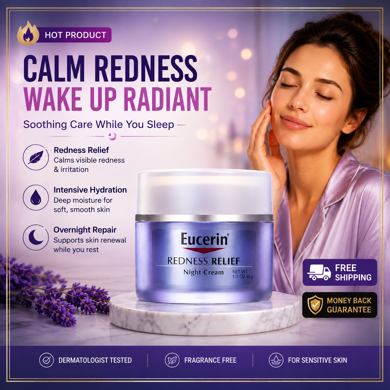 Eucerin REDNESS RELIEF Night Cream 1.7oz Dermatological Sensitive Skincare NIB - 24hrsmart