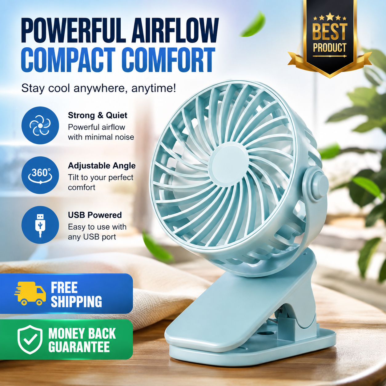 Rechargeable Clip Fan 720° Rotatable Camping Desk Hanging Fan Light Air Cooler - 24hrsmart