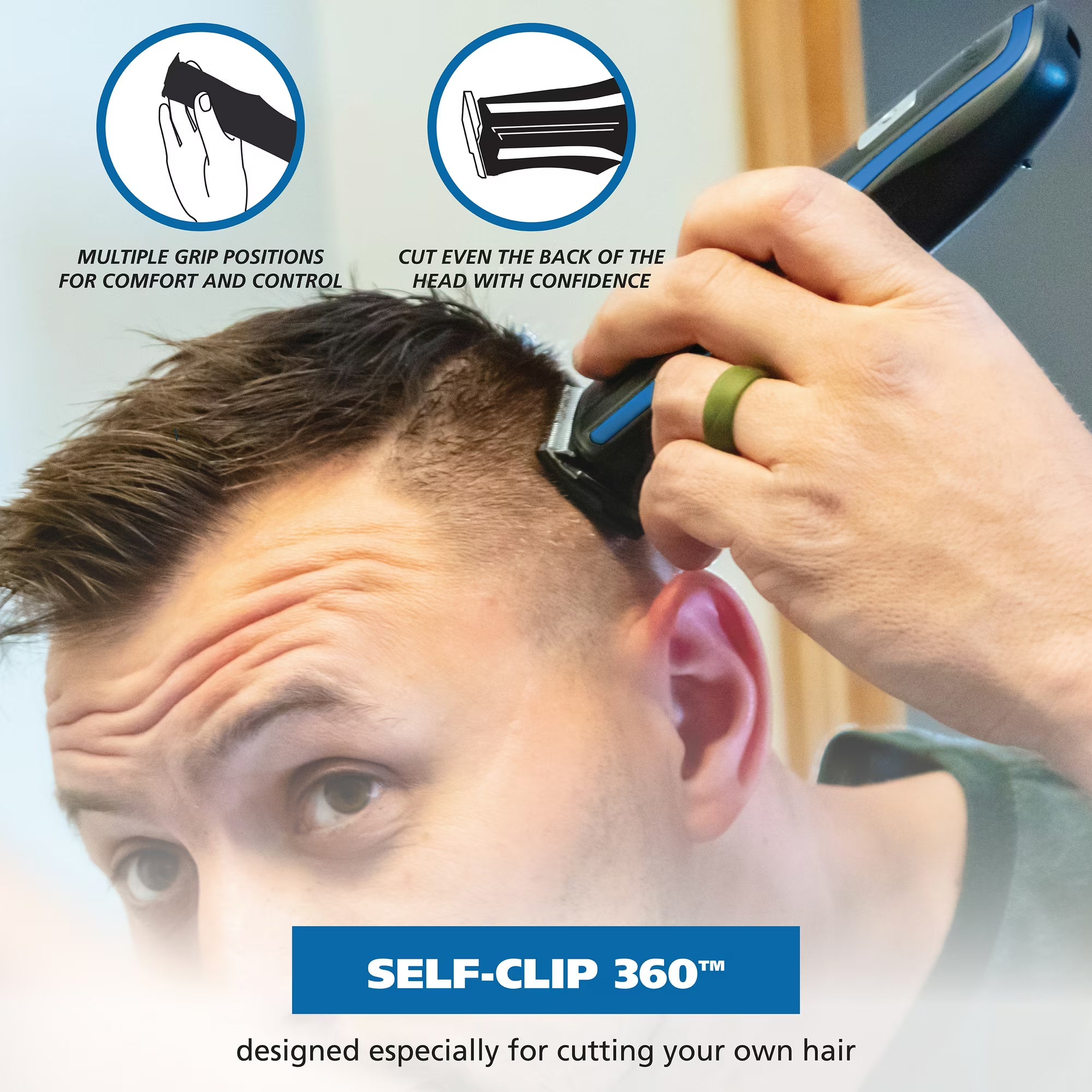 Wahl Self-Clip 360 cordless electric hair clipper for at-home DIY haircuts, rechargeable trimmer with self-sharpening blades and guide combs.
