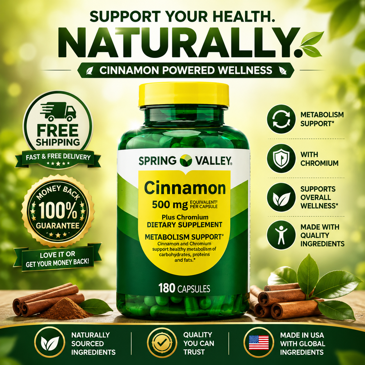 Spring Valley Cinnamon + Chromium 500 mg Metabolism Support, 180 Ct - 24hrsmart