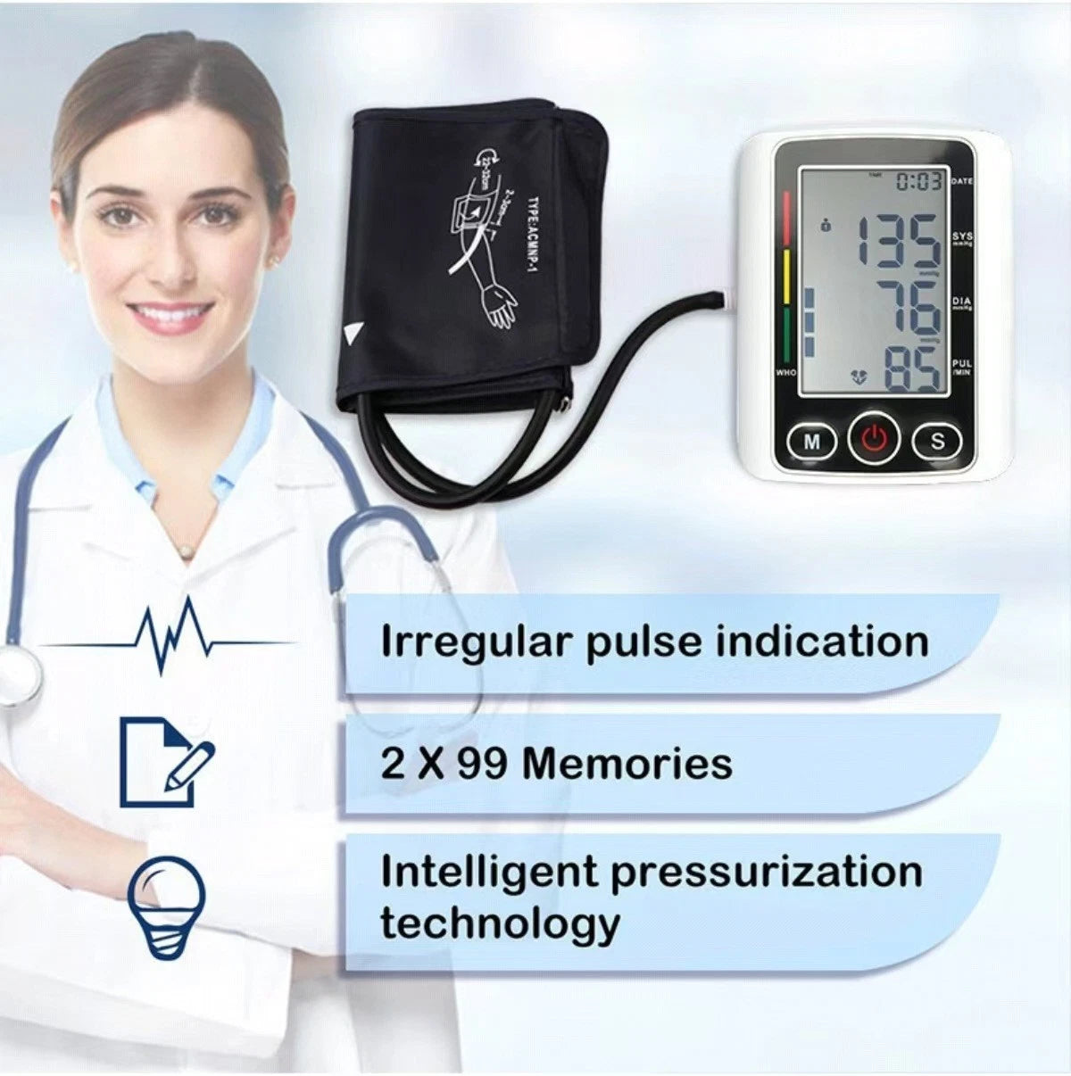 Arm Blood Pressure Monitor Automatic BP Machine Digital Cuff Heart Rate LCD - 24hrsmart