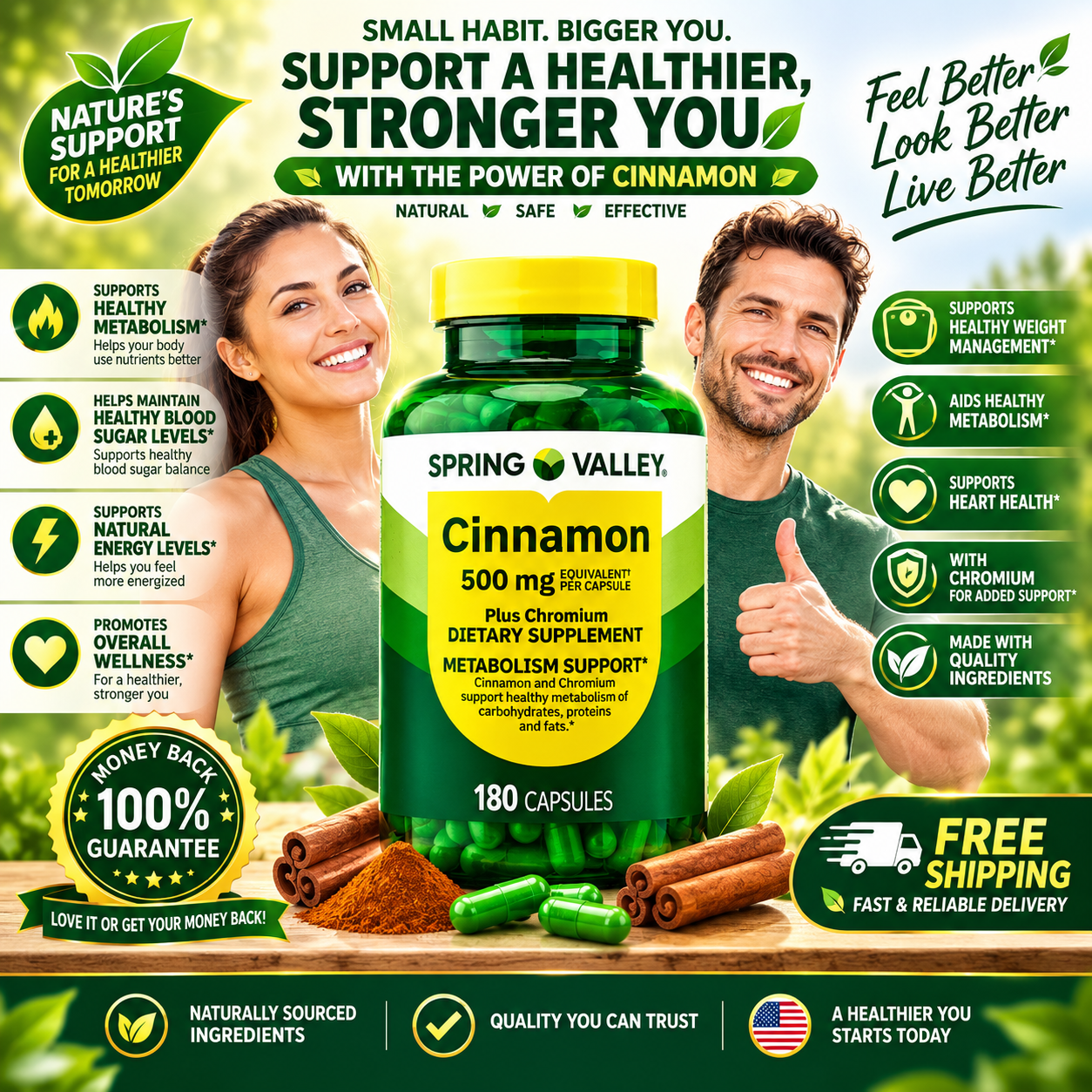 Spring Valley Cinnamon + Chromium 500 mg Metabolism Support, 180 Ct - 24hrsmart