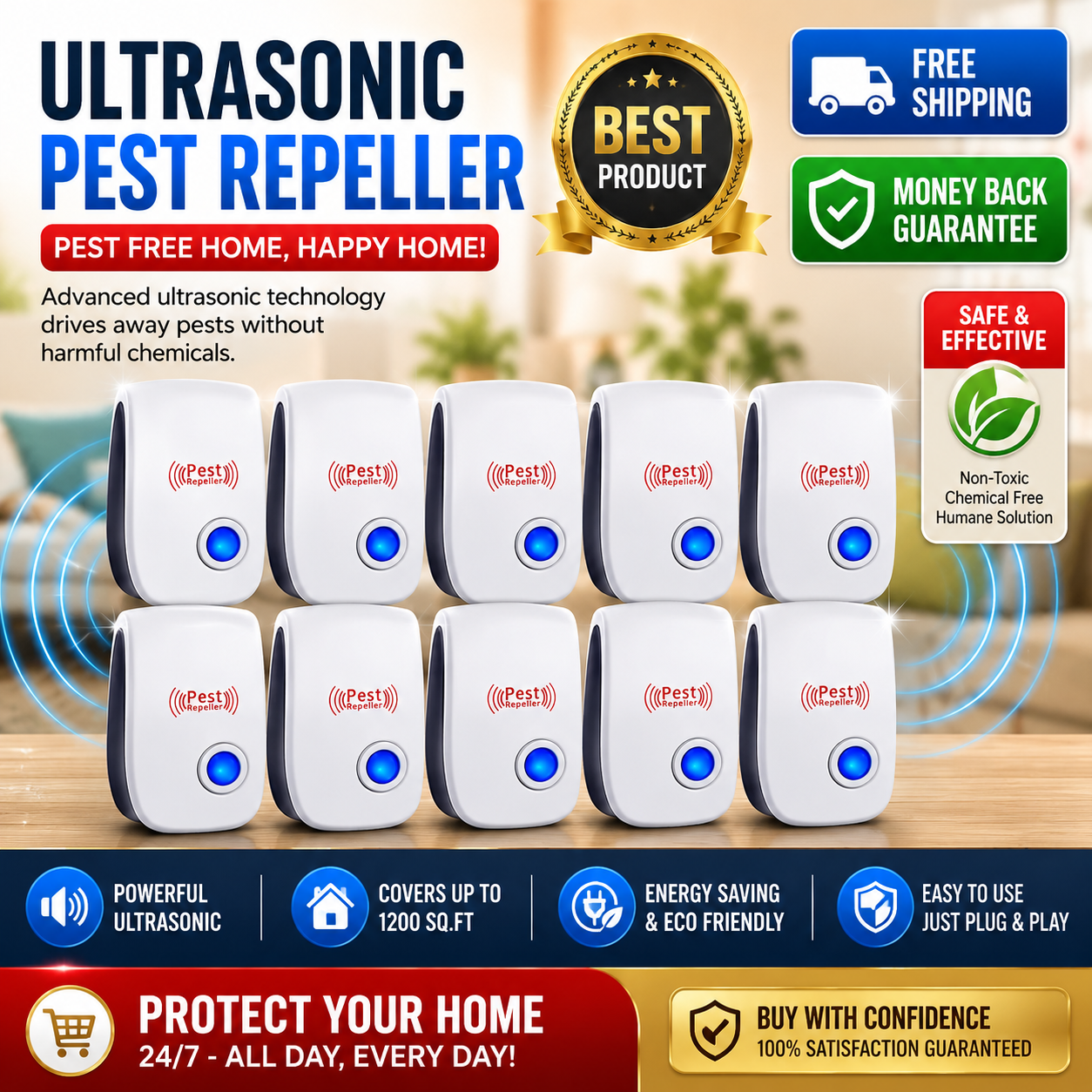 Ultrasonic Pest Repeller Control Electronic Repellent Mice Bug Rat Reject 6/10pc - 24hrsmart