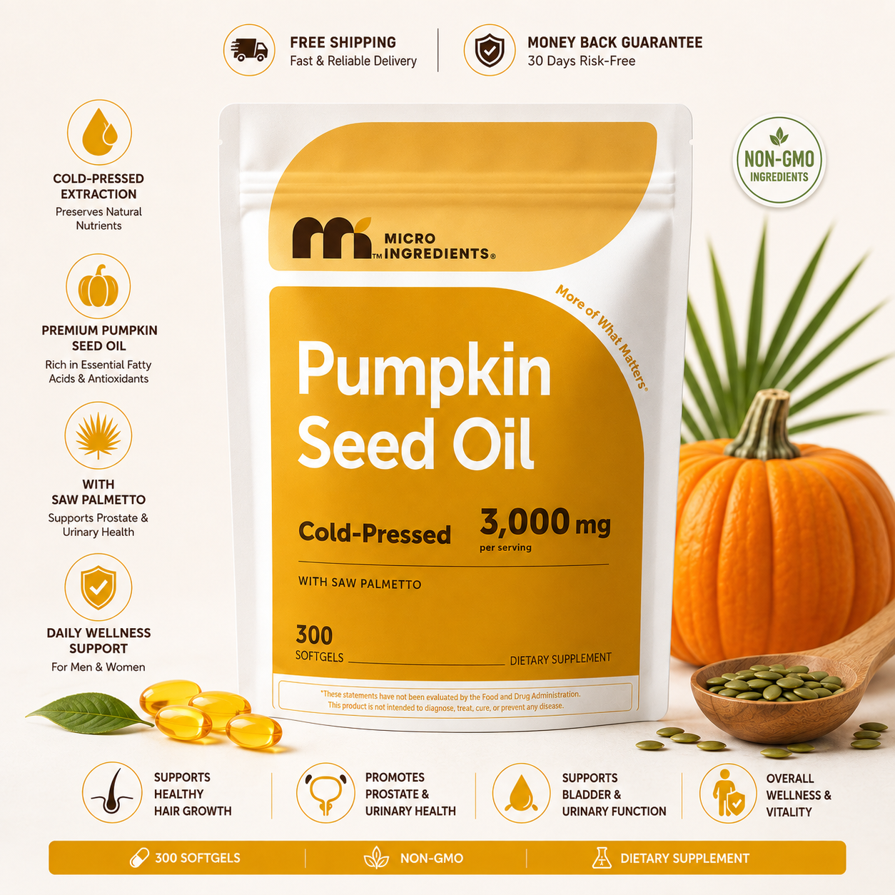 Micro Ingredients Pumpkin Seed Oil 3000mg Saw Palmetto Cold Pressed 300 Softgels - 24hrsmart