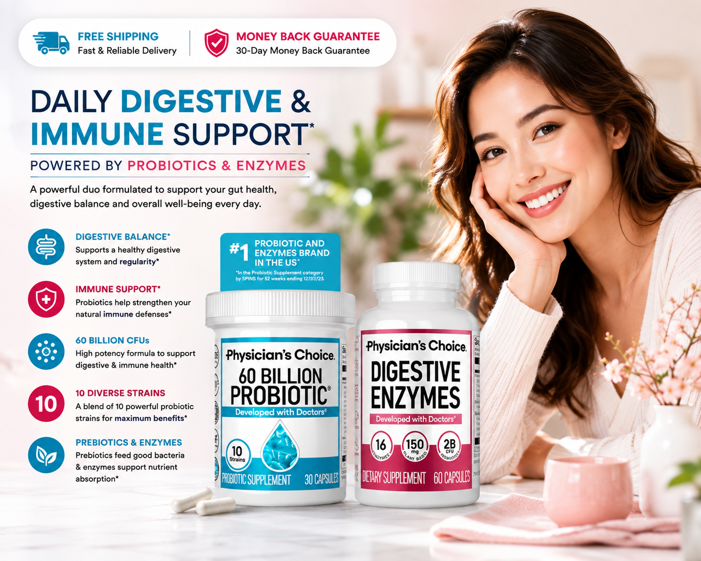 Physician's Choice 60B Probiotic, 10 Strains, Gut/Digestive/Immune, 30 Caps - 24hrsmart