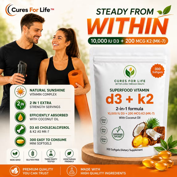 Cures For Life Vitamin D3 K2 softgels supporting bone strength, calcium metabolism and heart wellness.