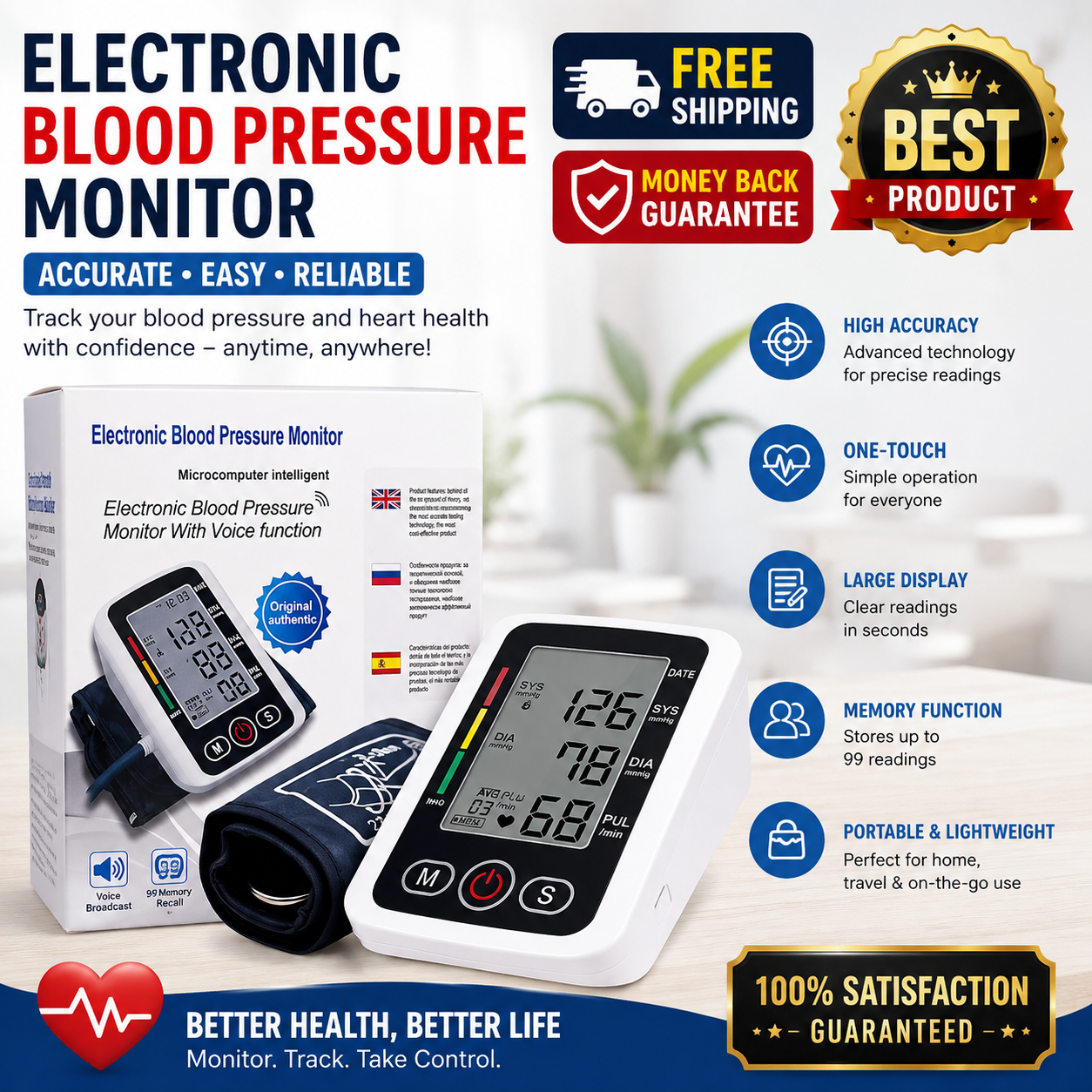 Arm Blood Pressure Monitor Automatic BP Machine Digital Cuff Heart Rate LCD - 24hrsmart