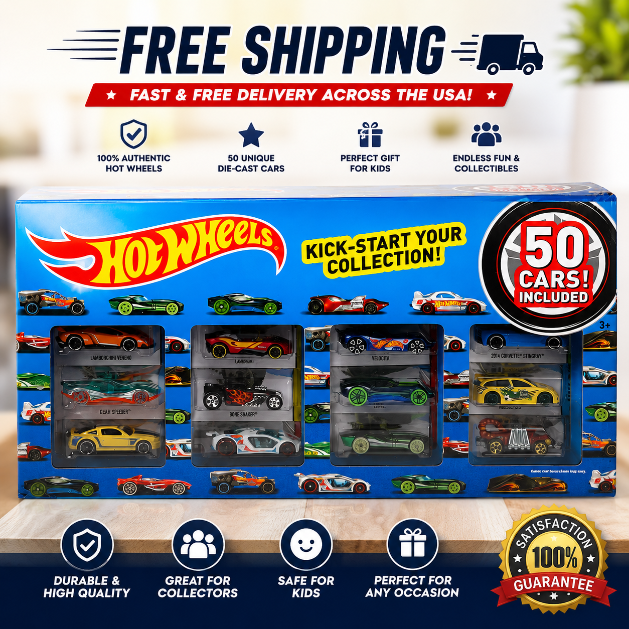 Hot Wheels 50-Car Pack gift set featuring assorted die-cast toy vehicles, collectible race cars, and classic models for kids.