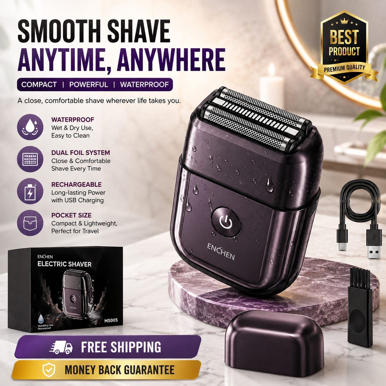 Mini Electric Razor for Men, IPX7 Wet/Dry, USB-C, Portable - 24hrsmart