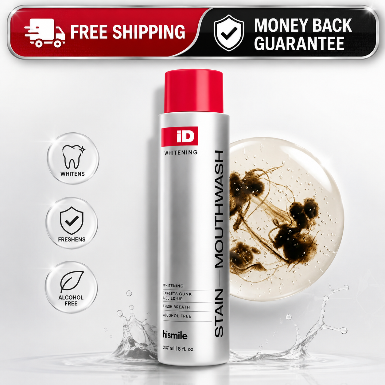 A can of Himile 1D Whitening Stain Mouthwash is shown on a clean white background with promotional graphics, including a 'Free Shipping' banner, feature icons for whitening, freshness, and alcohol-free formula, and a circular inset showing a tooth cavity treatment.