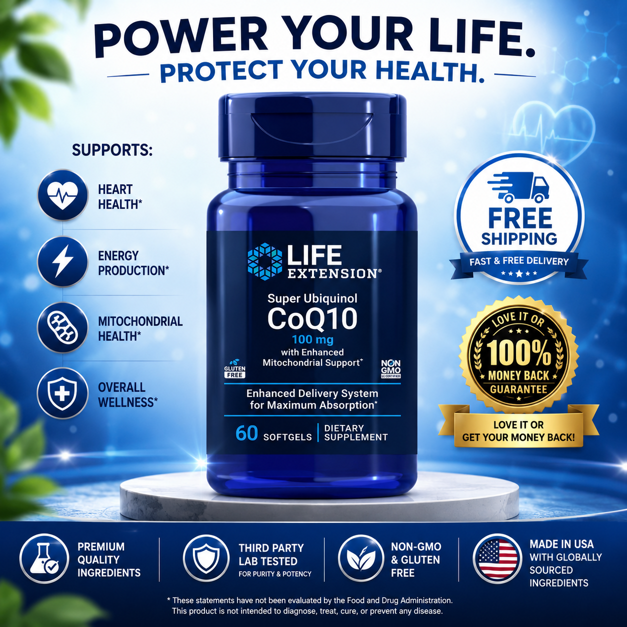 Life Extension Super Ubiquinol CoQ10 100mg Enhanced Mitochondrial - 60 capsules - 24hrsmart