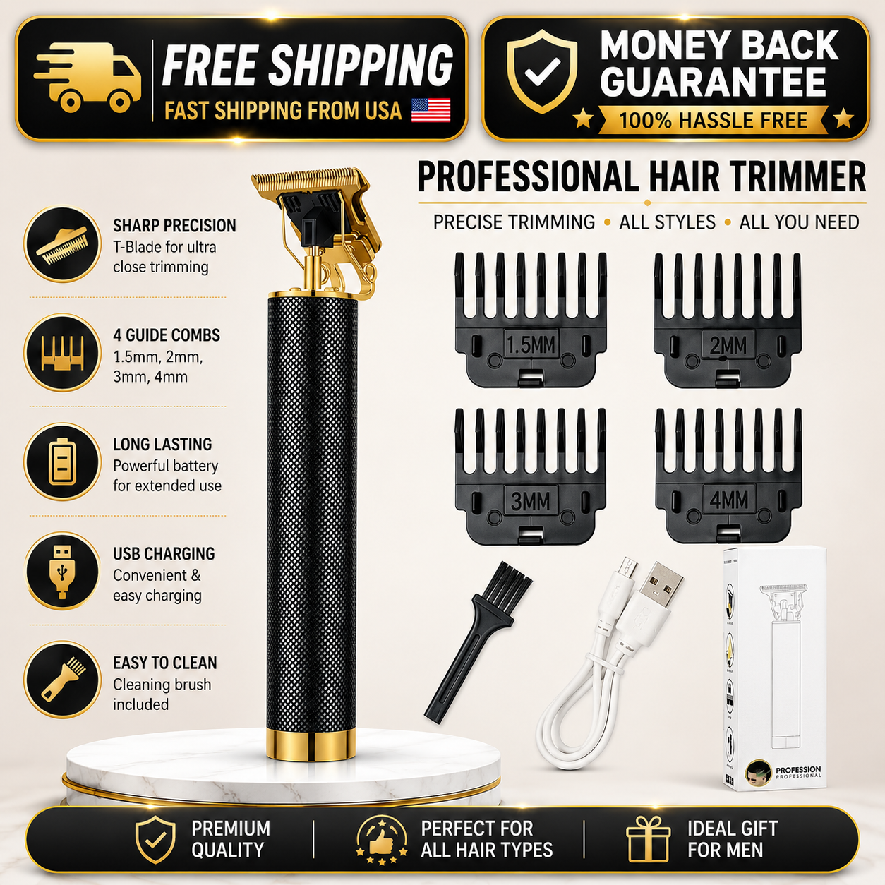 A professional hair trimmer set displayed on a white background with promotional text and icons. The set includes a black and gold trimmer, four black guide combs labeled 1.