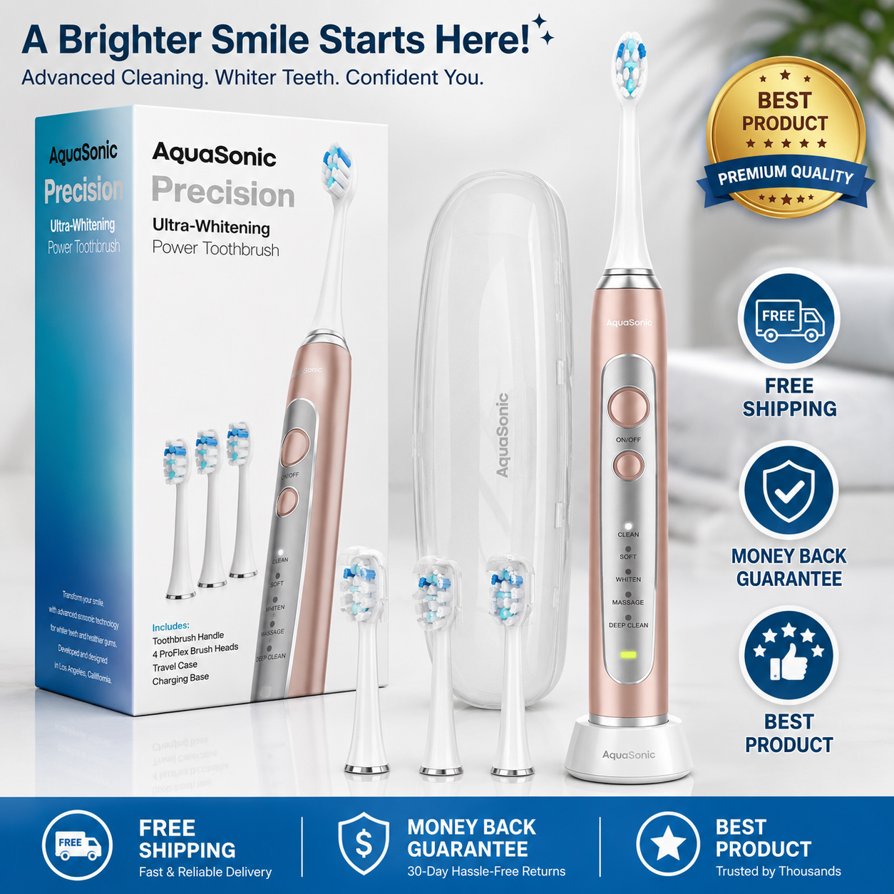 Aquasonic Precision Rechargeable Electric Toothbrush with 4 Brush Heads - 24hrsmart
