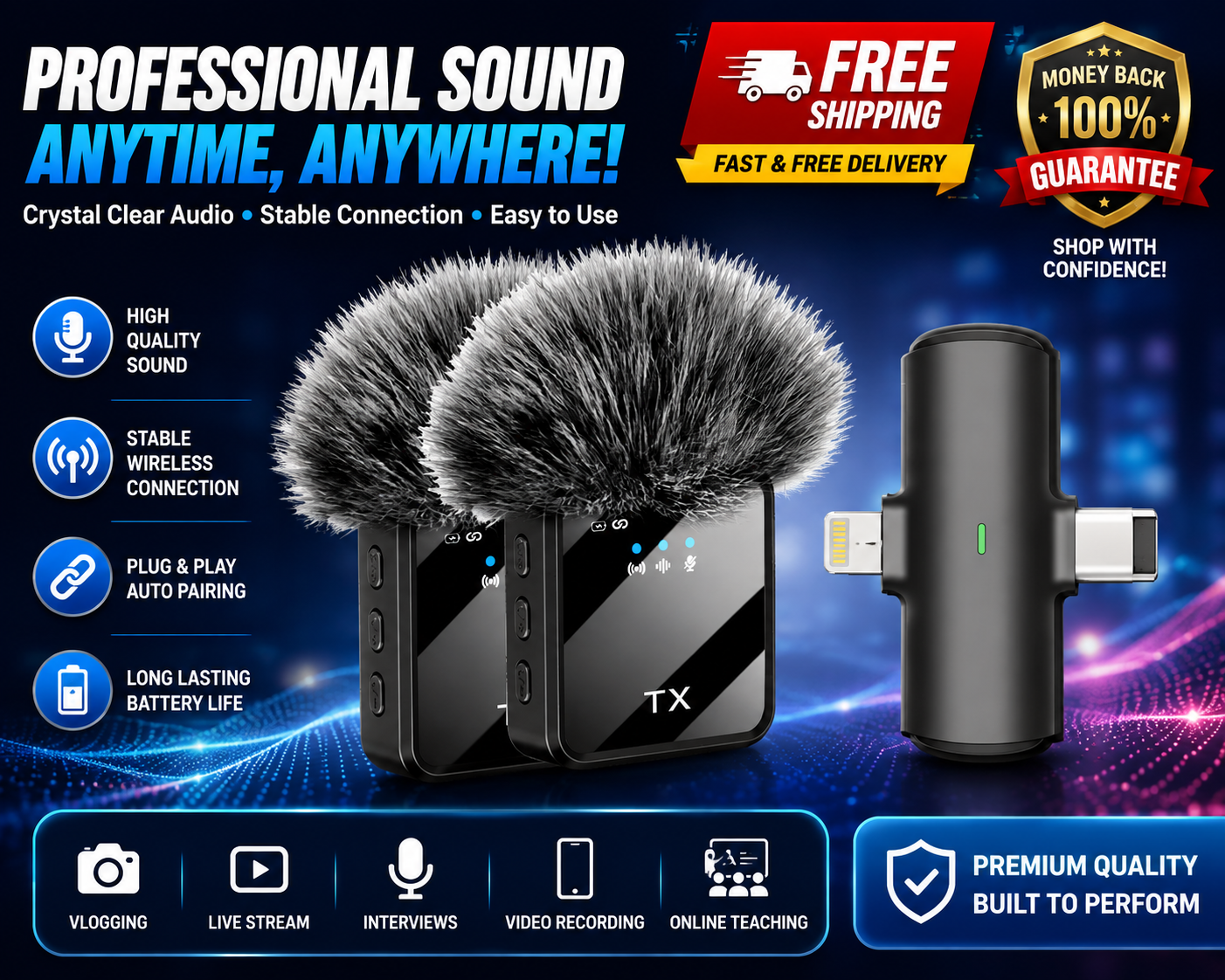 Dual wireless lavalier microphones with fluffy windscreens and a multi-plug receiver, highlighting key audio features and usage.