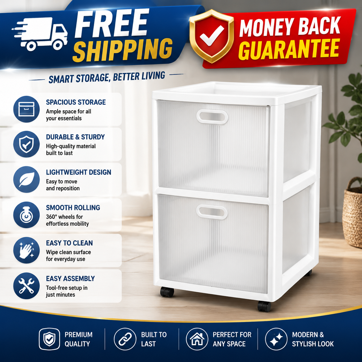 Sterilite Plastic 2 Drawers Modular Storage White 2-Drawer Cart White - 24hrsmart