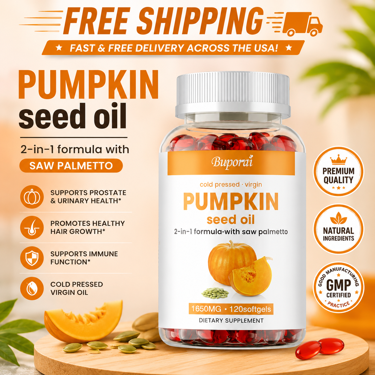  Pumpkin Seed Oil with Saw Palmetto supplement bottle promoting prostate health, urinary support, and natural wellness 120 Softgels