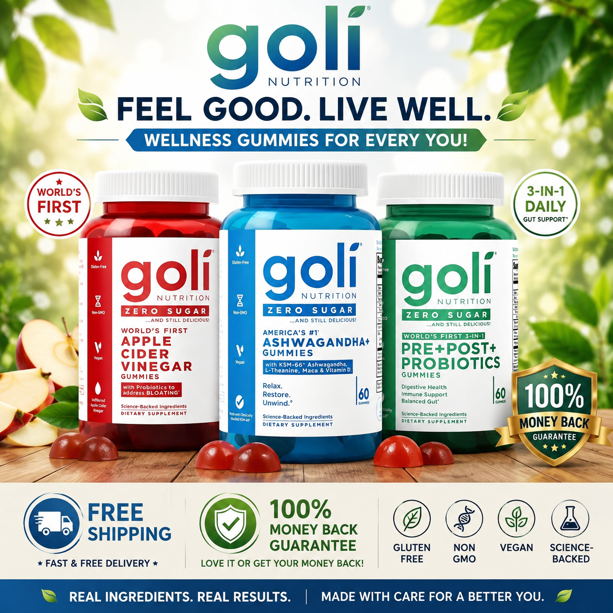 Goli Zero Sugar Best Seller Trio Set Gummies, 60 Counts Per Bottle (3 Bottles) - 24hrsmart