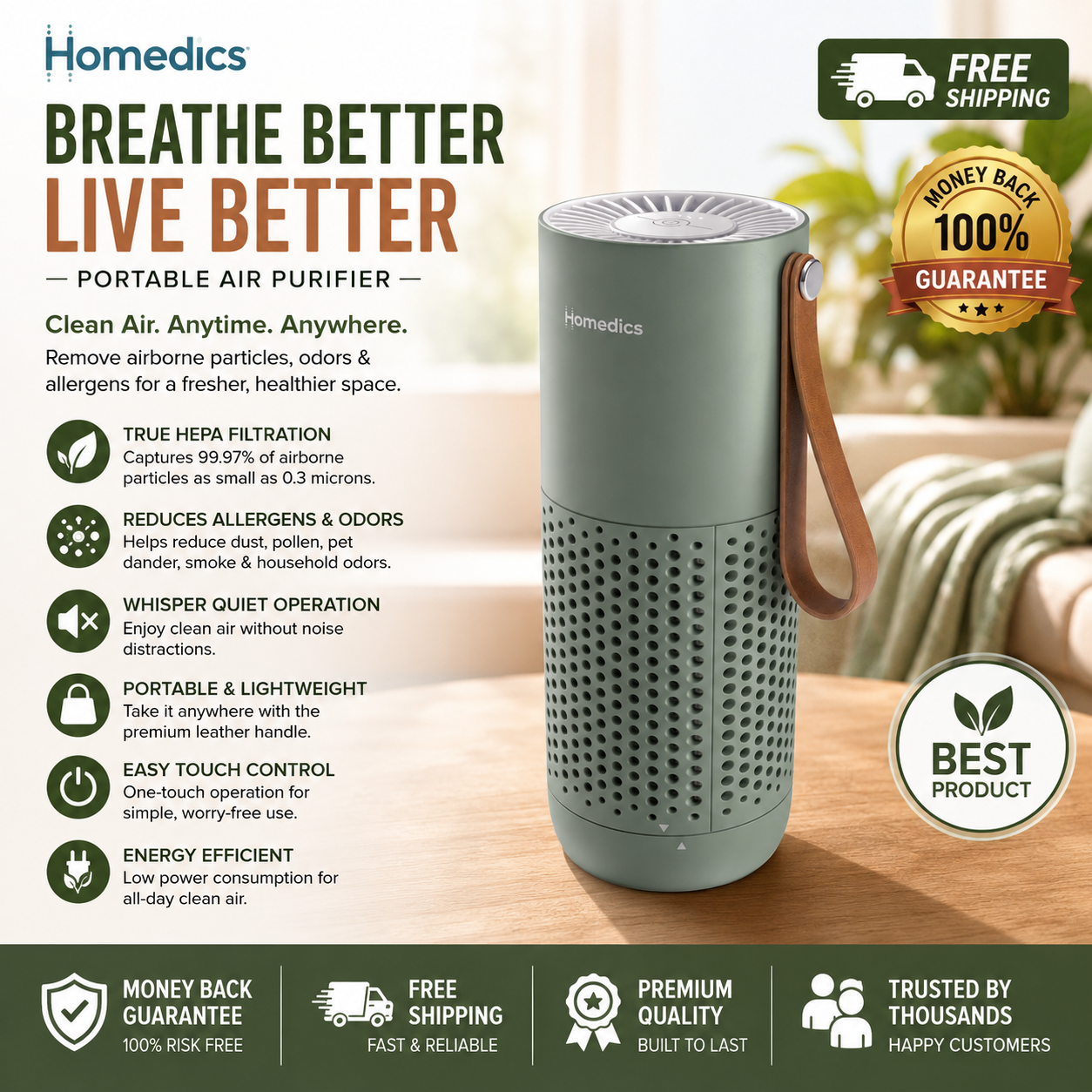HoMedics Portable HEPA Air Purifier with Aromatherapy Green