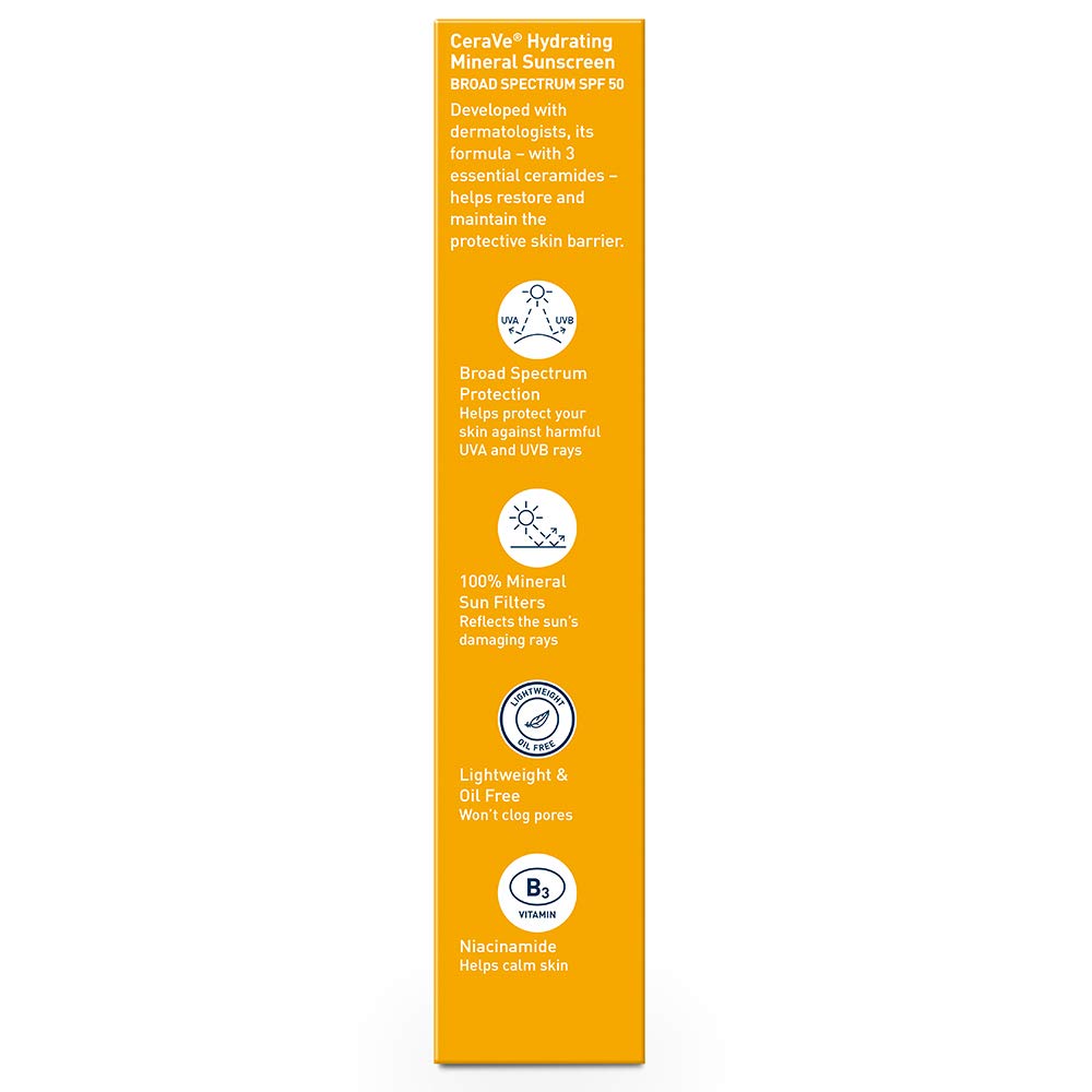 CeraVe 100% Mineral Sunscreen SPF 50 | Face Sunscreen with Zinc Oxide & Titanium Dioxide for Sensitive Skin | With Hyaluronic Acid, Niacinamide, and Ceramides | 2.5 oz - 24hrsmart