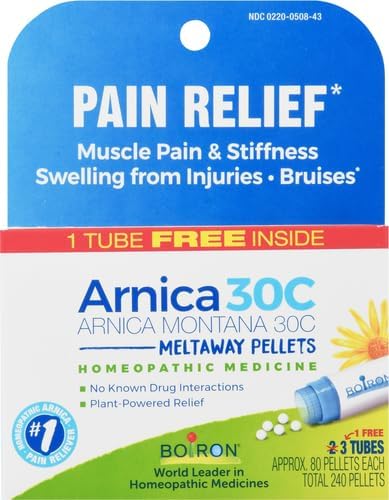 Boiron Arnica Montana 30C Homeopathic Medicine for Relief from Muscle Pain, Muscle Stiffness, Swelling from Injury, and Discoloration from Bruises - 3 Count (240 Pellets) 24Hr Smart