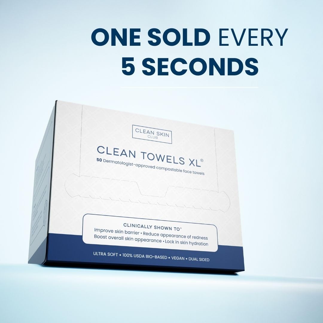 Clean Skin Club Clean Towels XL™, 100% USDA Biobased Face Towel, Disposable Face Towelette, Eczema Association Accepted, Makeup Remover Dry Wipes, Ultra Soft, 50 Ct, 1 Pack 24hrsmart