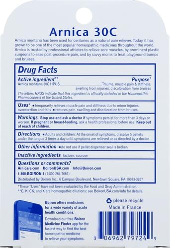 Boiron Arnica Montana 30C Homeopathic Medicine for Relief from Muscle Pain, Muscle Stiffness, Swelling from Injury, and Discoloration from Bruises - 3 Count (240 Pellets) 24Hr Smart