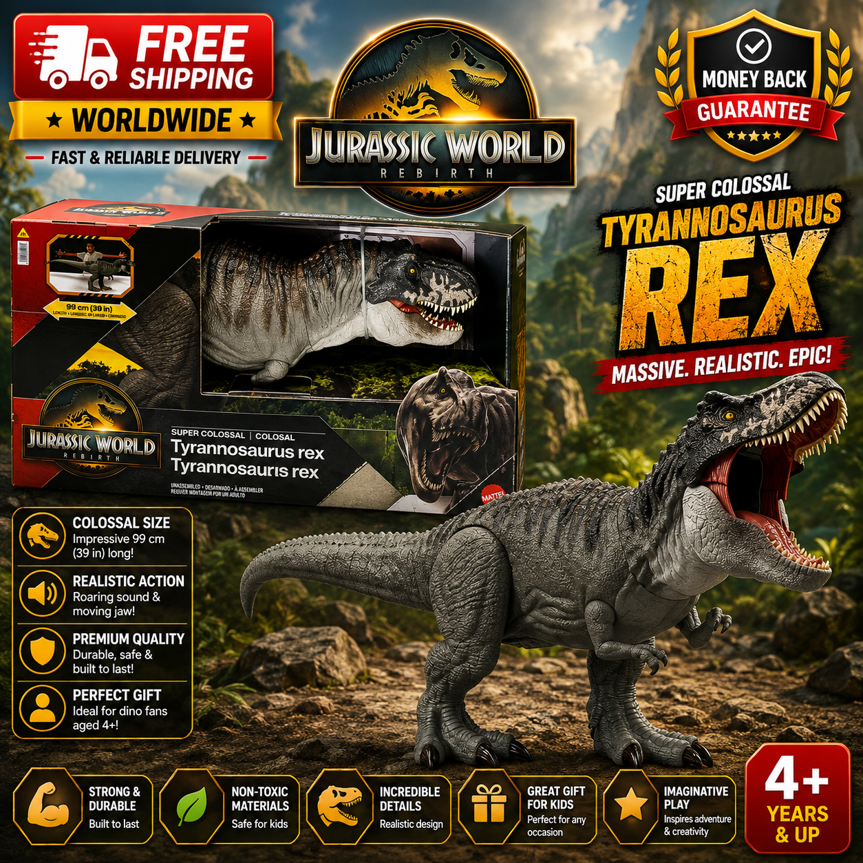 Jurassic World Rebirth Super Colossal Tyrannosaurus Rex Action Figure, T-Rex - 24hrsmart