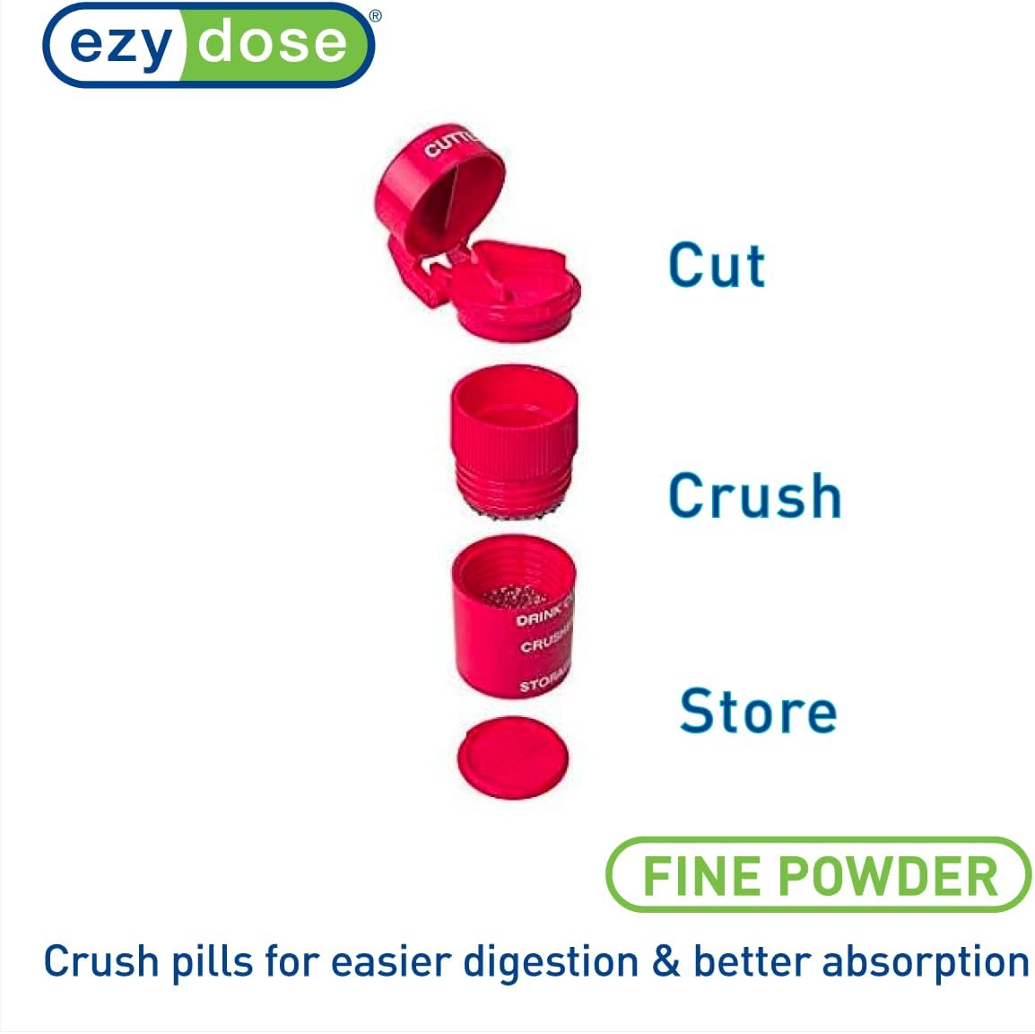 Ezy Dose Pill Crusher, Cutter and Grinder, Crushes Pills, Vitamins, Tablets, Stainless Steel Blade, Removable Drinking Cup, Red - 24hrsmart