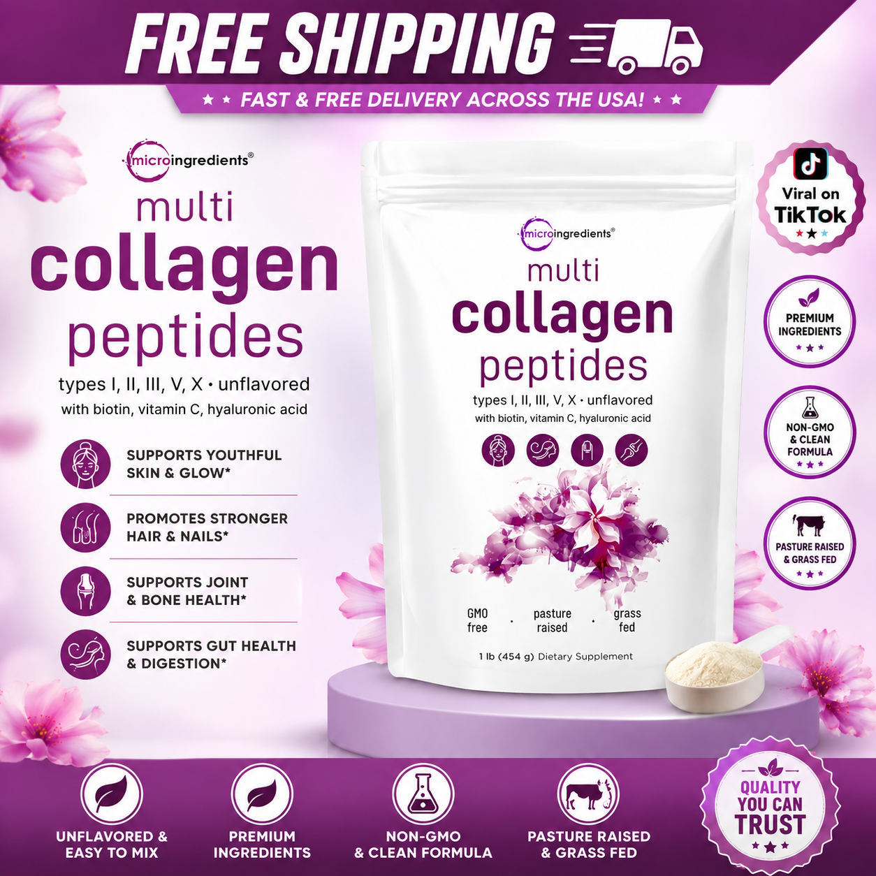"Micro Ingredients Multi Collagen Peptides powder supporting skin, hair, nails, joints, and gut health with premium collagen formula."