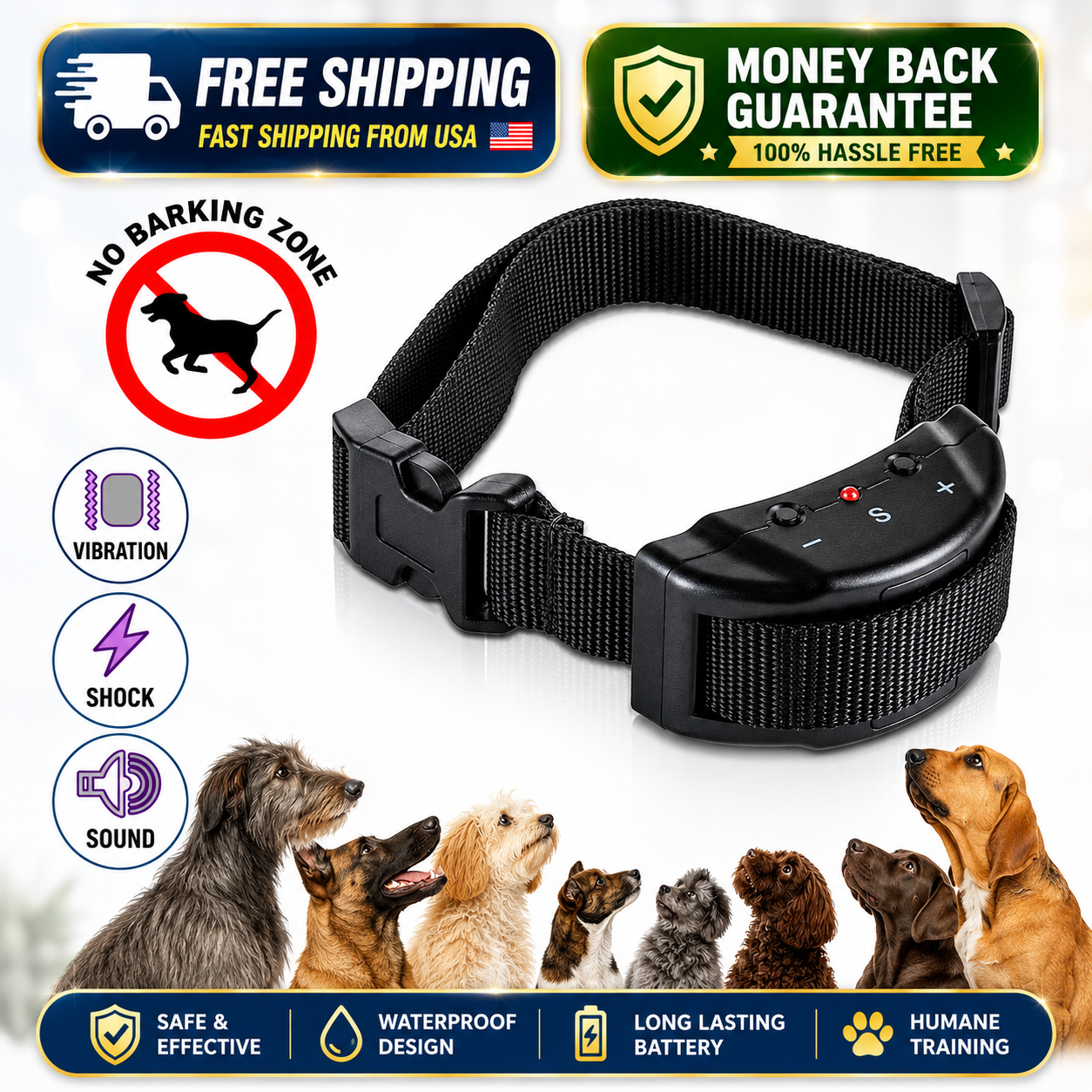 Black electronic pet collar trainer shown on a white background with promotional badges, icons for vibration, shock, and sound, and several dogs pictured along the bottom.