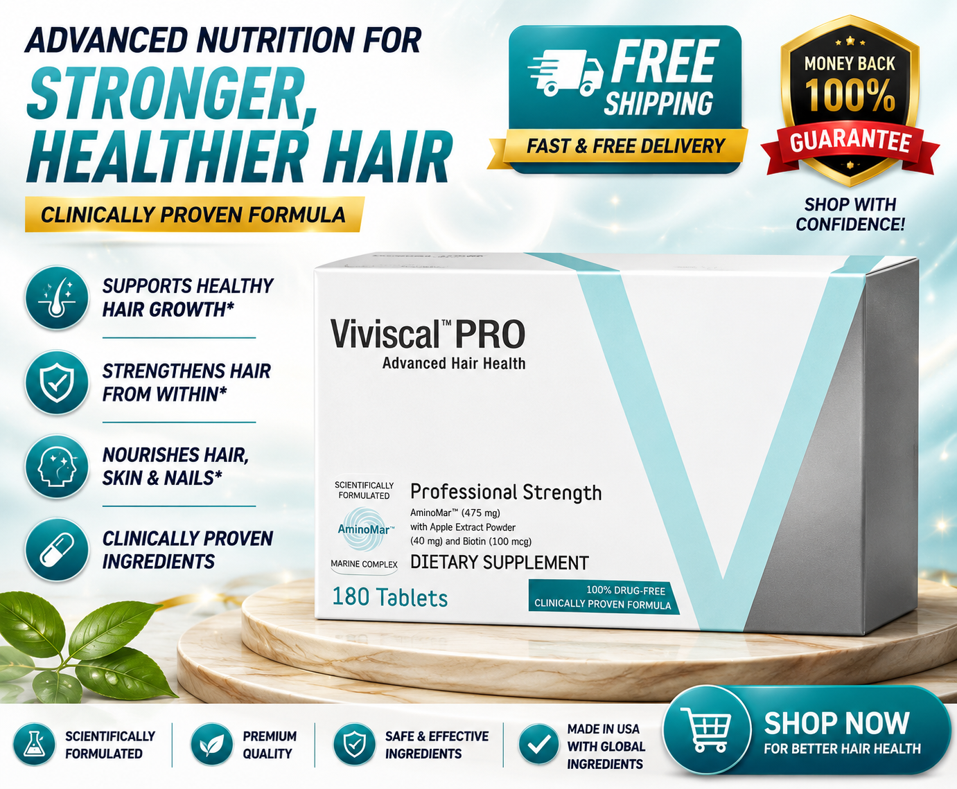 Viviscal PRO Advanced Hair Health supplement box showcasing key benefits, professional strength formula, and 180 tablets.