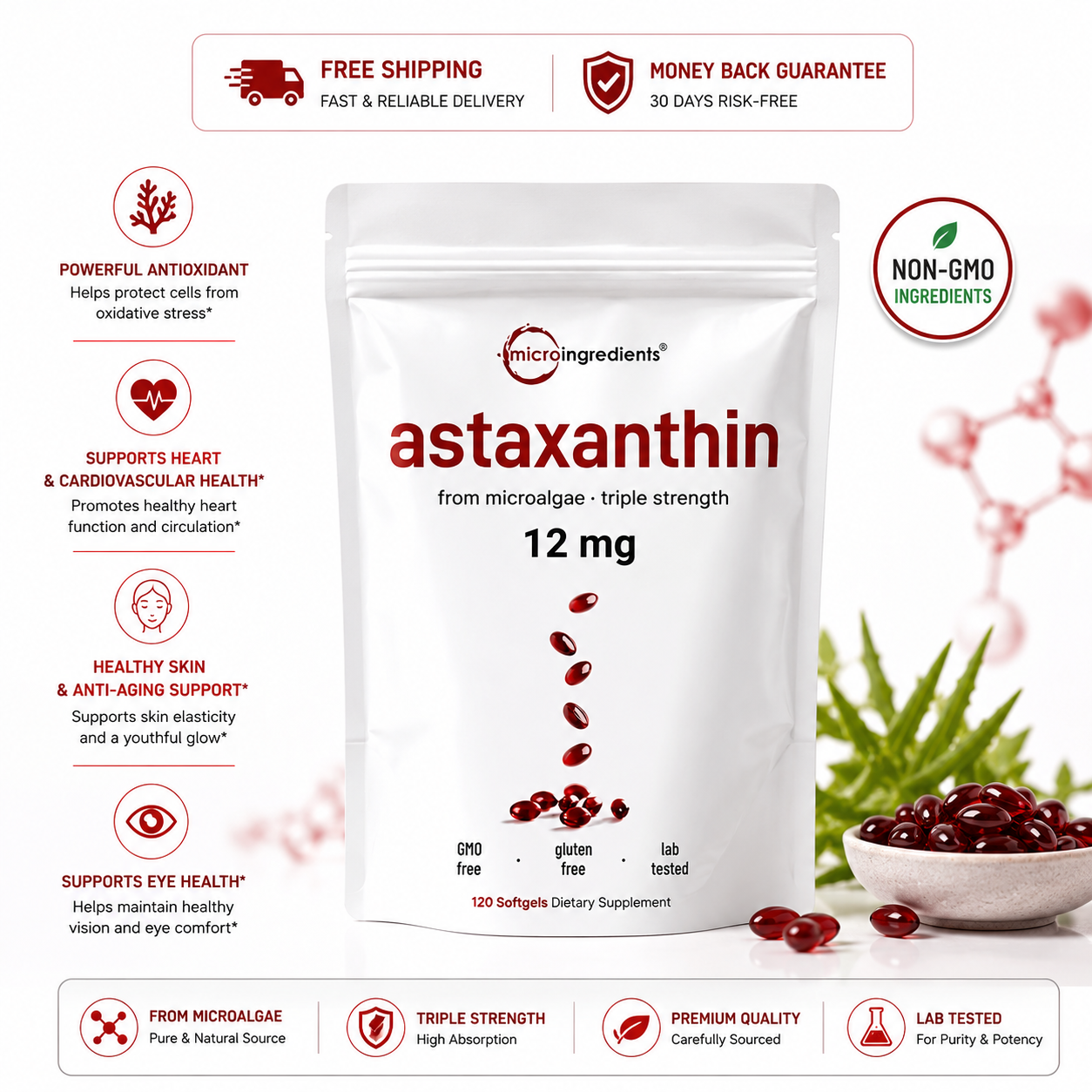Micro Ingredients Astaxanthin 12 mg supplement from microalgae, triple-strength antioxidant formula with GMO-free, gluten-free, and lab-tested quality.