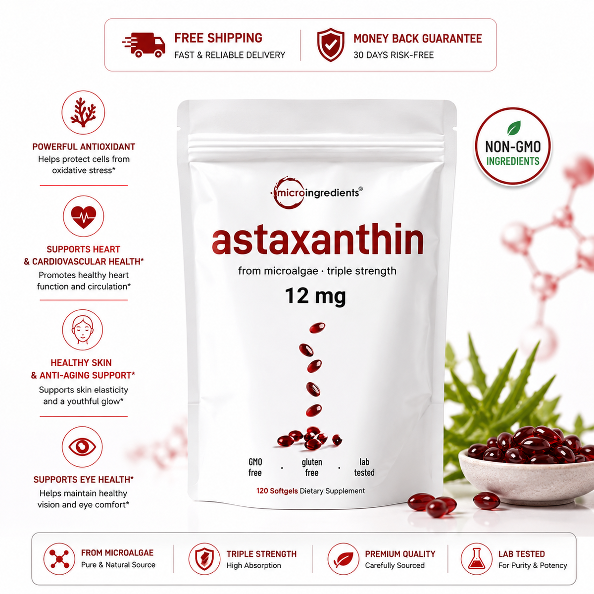 Micro Ingredients 12mg Astaxanthin Softgels, Microalgae Antioxidant Skin Support, 120ct