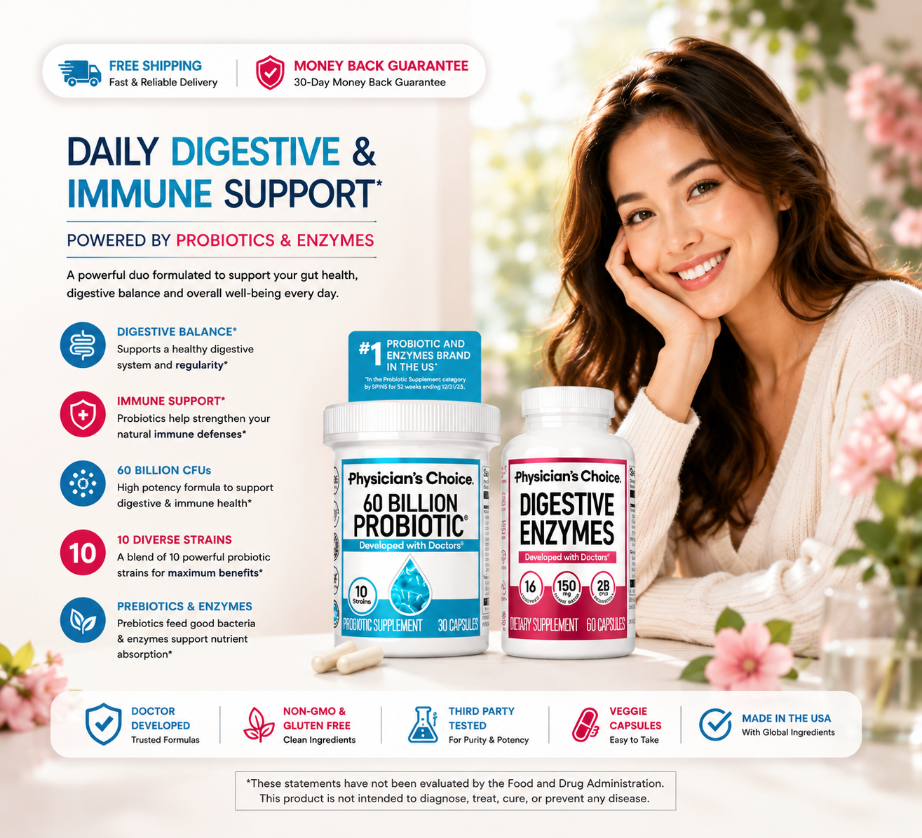 Physician's CHOICE Probiotics 60 Billion | with Digestive Enzymes for Gut Health - 24hrsmart
