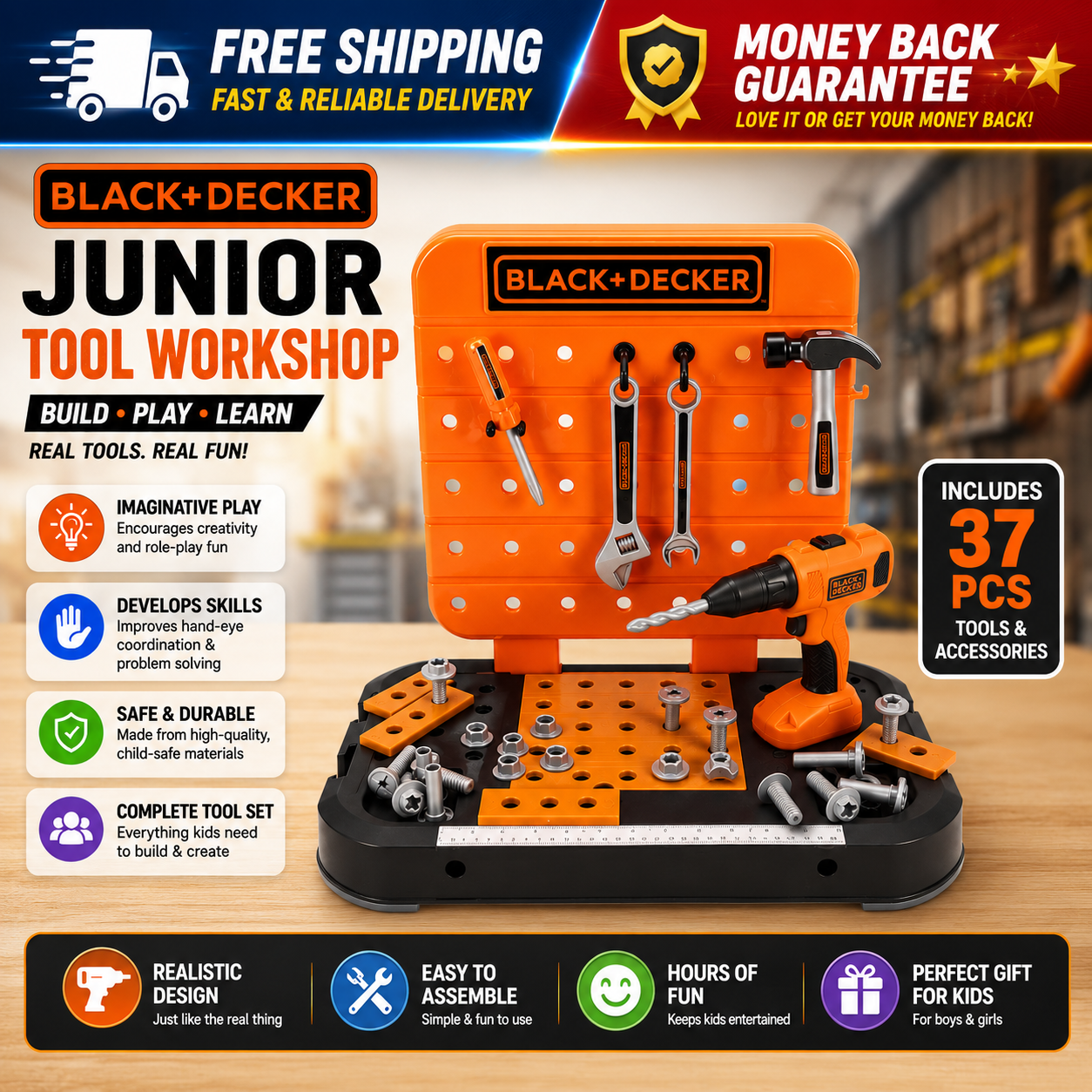 BLACK+DECKER Tabletop Workbench Tool Storage Pretend Tools No Tools Required - 24hrsmart