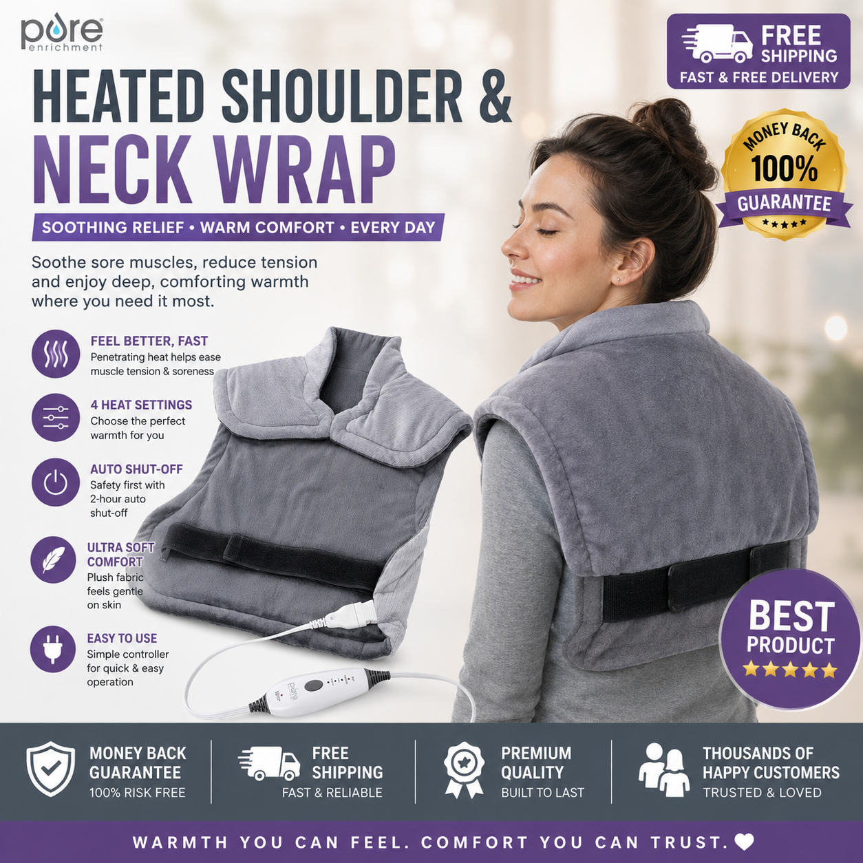 PureRelief XXL Electric Heating Pad by Pure Enrichment - Gray