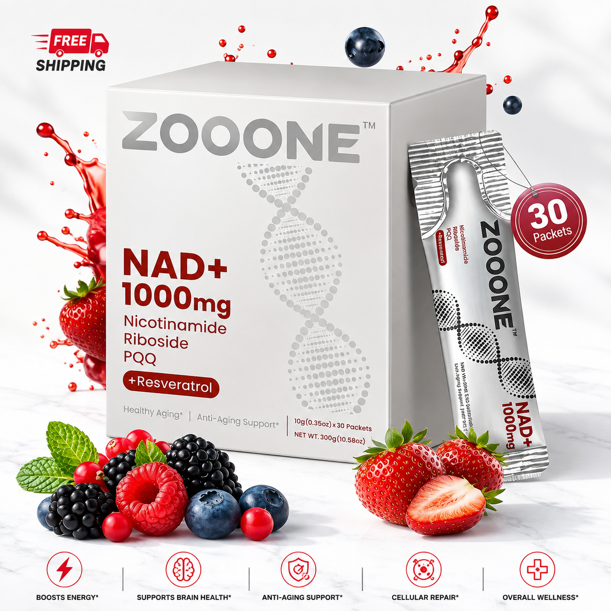 ZOOONE NAD+ 1000mg supplement with berry flavors, supporting energy, brain health, cellular repair, anti-aging, and overall wellness.