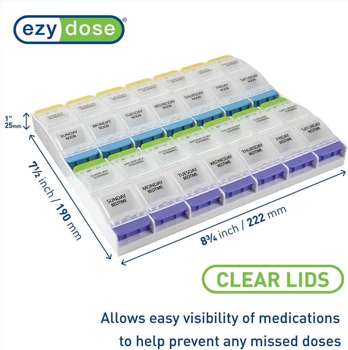 Ezy Dose Weekly (7-Day) Pill Organizer, Vitamin and Medicine Box, 2X-Large Push Button Compartments, 4 Times a Day, Clear Lids - 24hrsmart