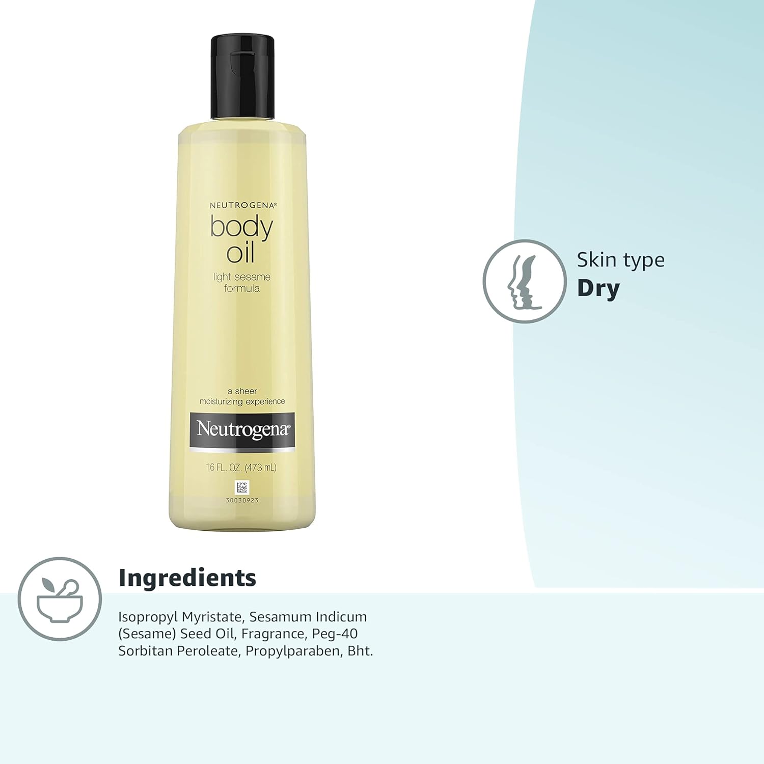 Neutrogena Body Oil Light Sesame Formula, Dry Skin Moisturizer & Hydrating Body Massage Oil, for Radiant & Healthy Looking Glow, Nourishing Bath Oil for Sheer Moisture, 16 fl. oz 24Hr Smart