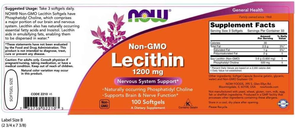 NOW Foods Lecithin 1200 mg, 100 Softgels 24Hr Smart