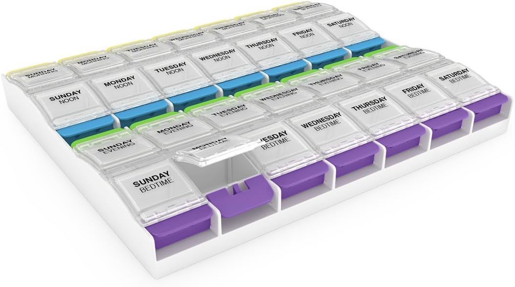 Ezy Dose Weekly (7-Day) Pill Organizer, Vitamin and Medicine Box, 2X-Large Push Button Compartments, 4 Times a Day, Clear Lids - 24hrsmart