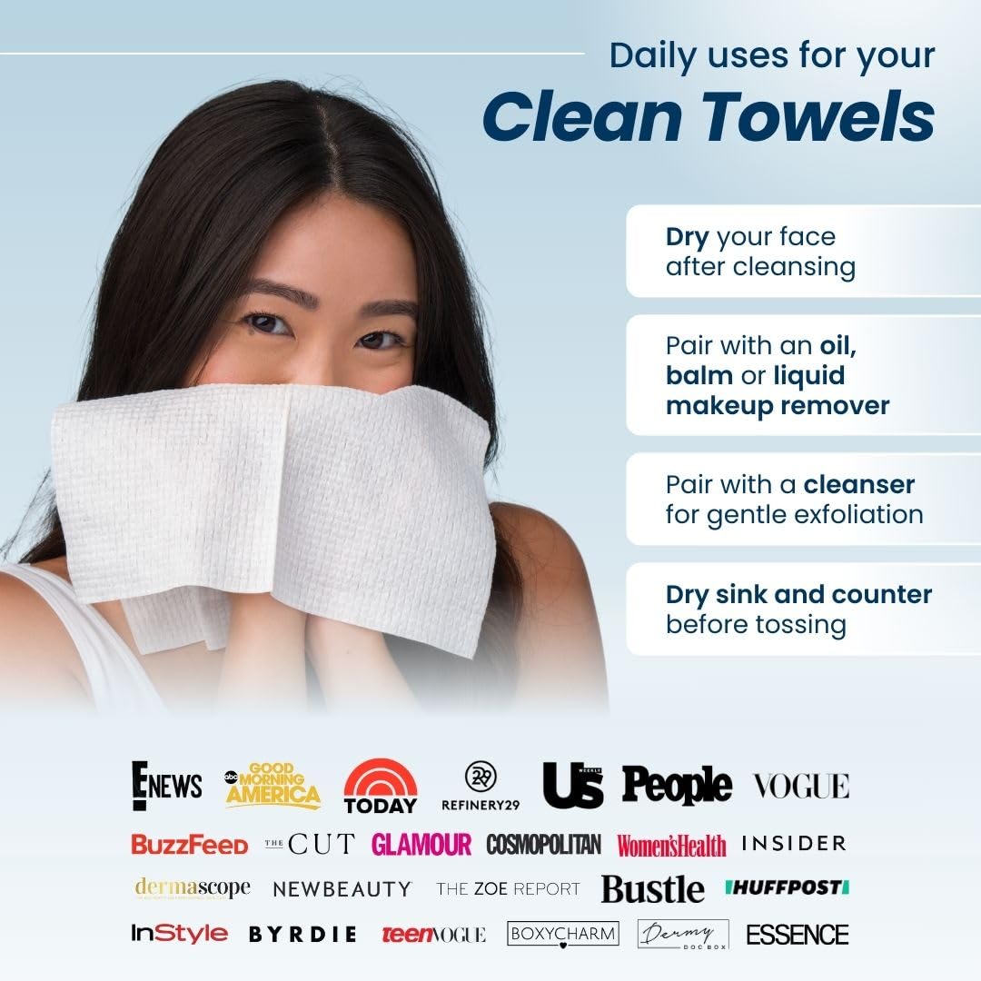 Clean Skin Club Clean Towels XL™, 100% USDA Biobased Face Towel, Disposable Face Towelette, Eczema Association Accepted, Makeup Remover Dry Wipes, Ultra Soft, 50 Ct, 1 Pack 24hrsmart