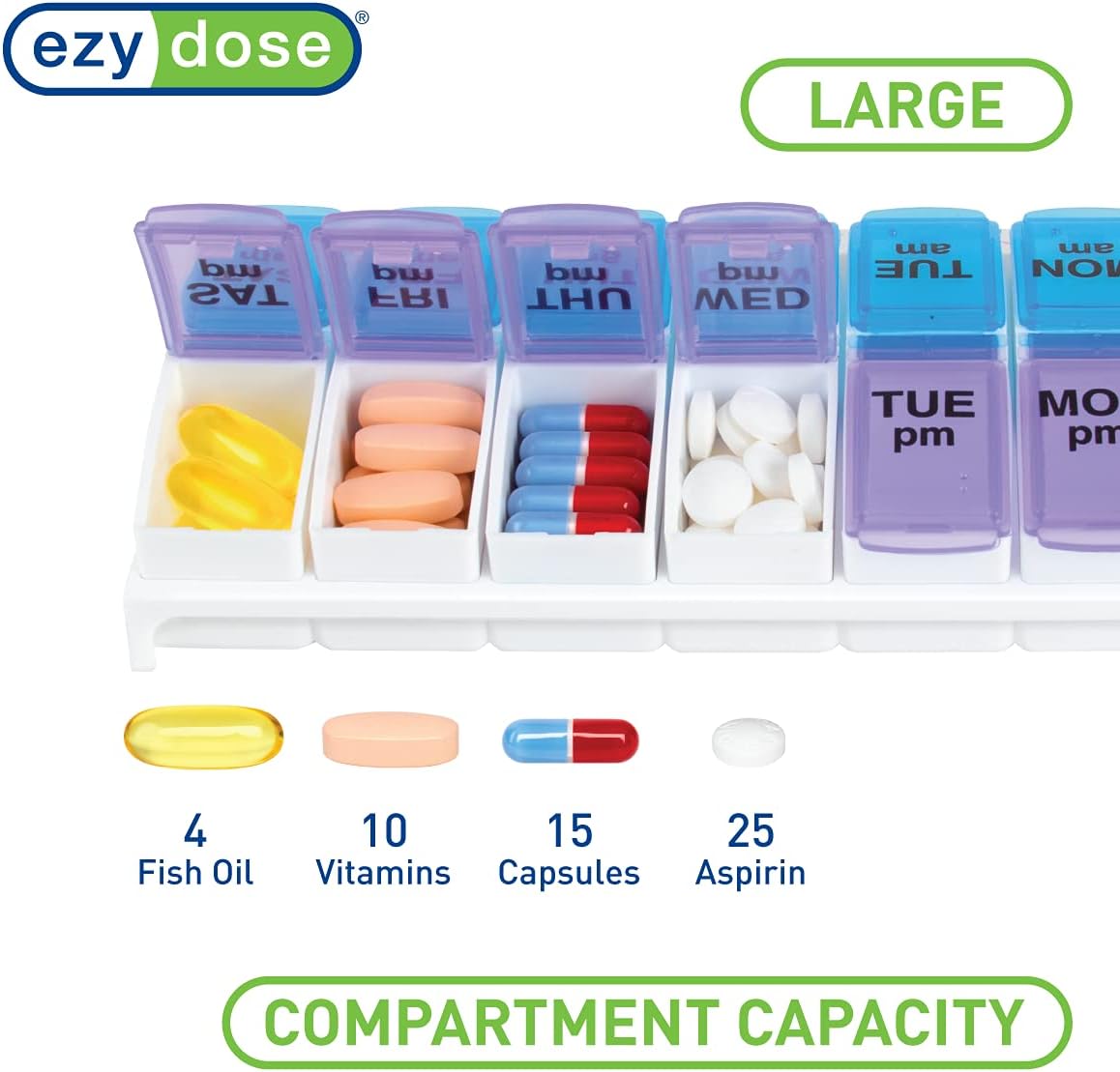 Ezy Dose Weekly (7-Day) AM/PM Pill Organizer, Vitamin and Medicine Box, Small Pop-out Compartments, 2 Times a Day, Blue and Purple Lids - 24hrsmart