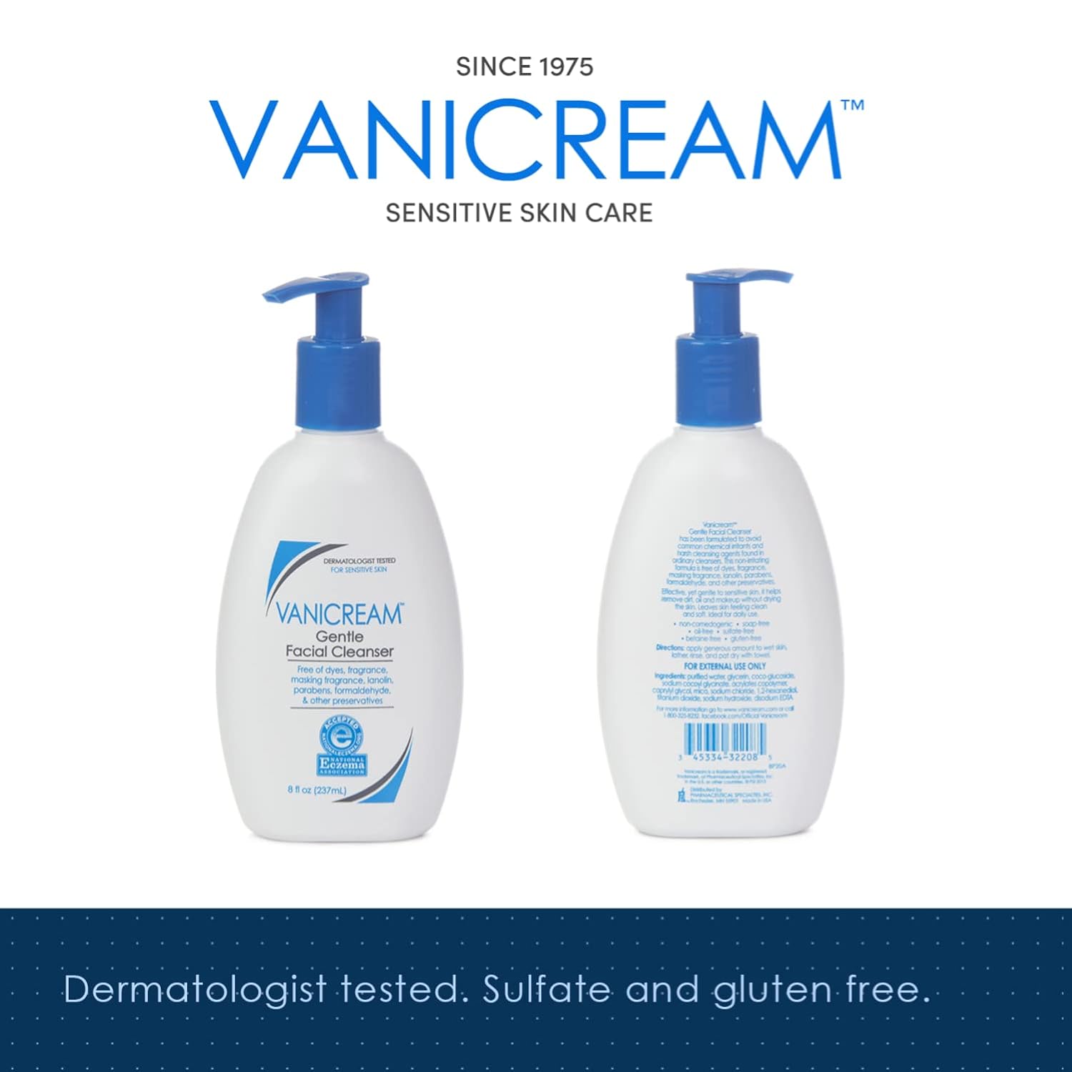 Vanicream Gentle Facial Cleanser with Pump Dispenser - 8 fl oz - Formulated Without Common Irritants for Those with Sensitive Skin - 24hrsmart