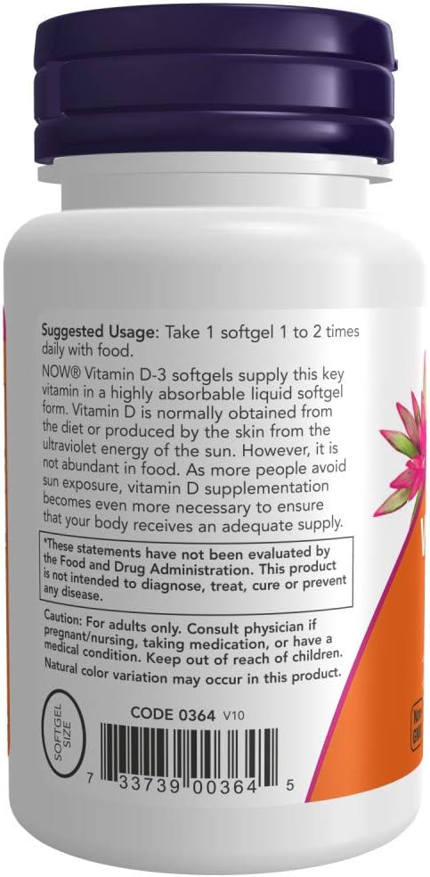 NOW Foods Vitamin D-3, 400 IU, 180 Softgels 24Hr Smart