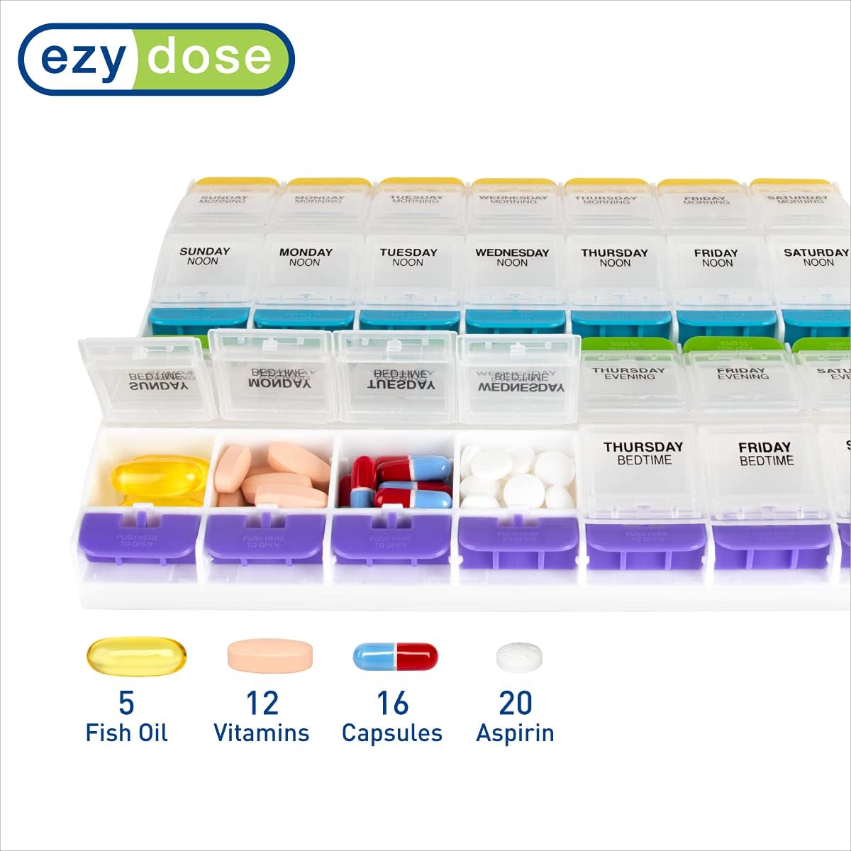 Ezy Dose Weekly (7-Day) Pill Organizer, Vitamin and Medicine Box, 2X-Large Push Button Compartments, 4 Times a Day, Clear Lids - 24hrsmart
