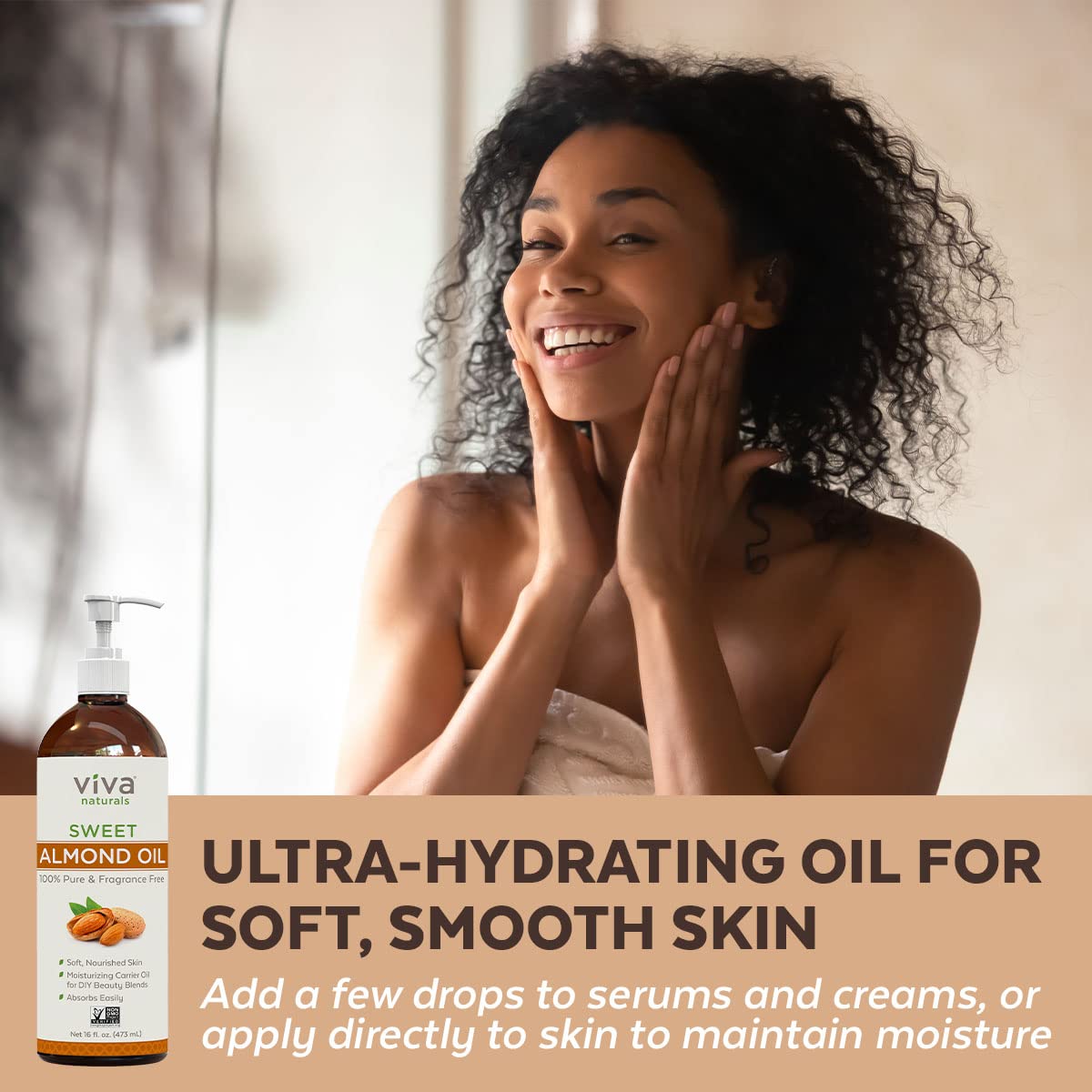 Viva Naturals Sweet Almond Oil - 100% Pure Hair and Skin Softener, Non-Greasy for Massage, Carrier Oil for Essential Oils and DIY Beauty Blends, Expeller-Pressed Almond Oil for Body, Non-GMO, 16 fl oz - 24hrsmart
